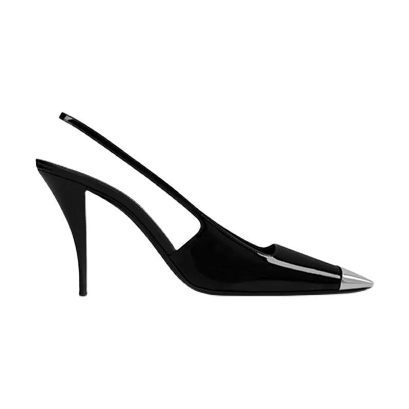 Black Square Toe Metal Rear Empty Ankle-strap High Heels - Image 2