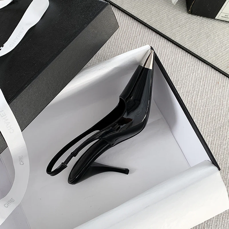 Black Square Toe Metal Rear Empty Ankle-strap High Heels - Image 6