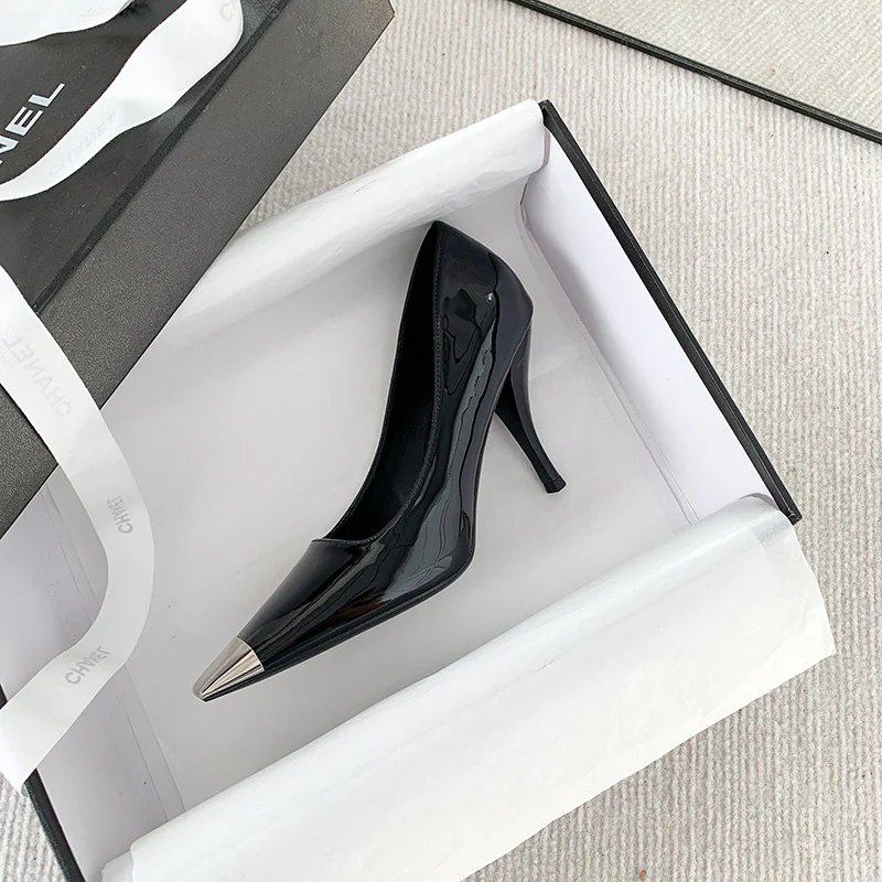 Black Square Toe Metal Rear Empty Ankle-strap High Heels - Image 7