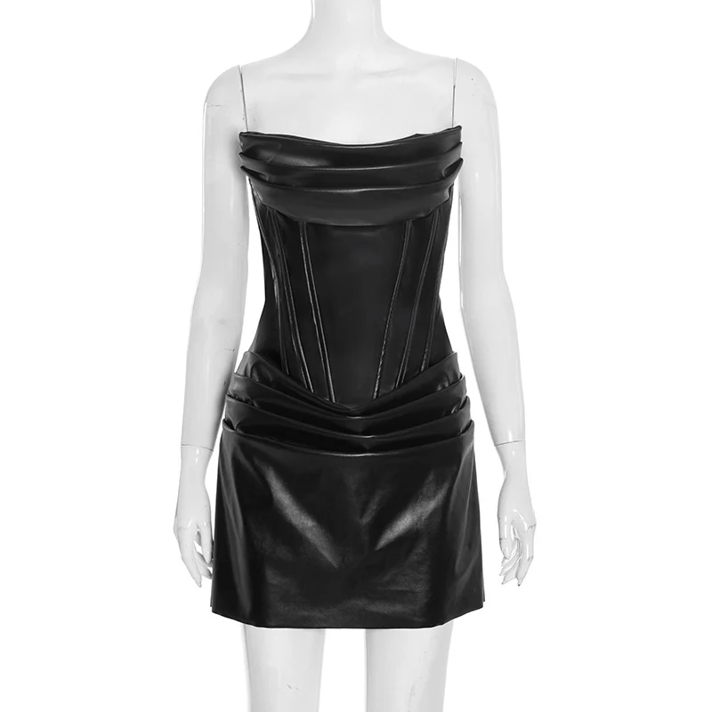 THE DOMINIQUE DRESS — Strapless Corset Mini with Draped Leather Panels - Image 4