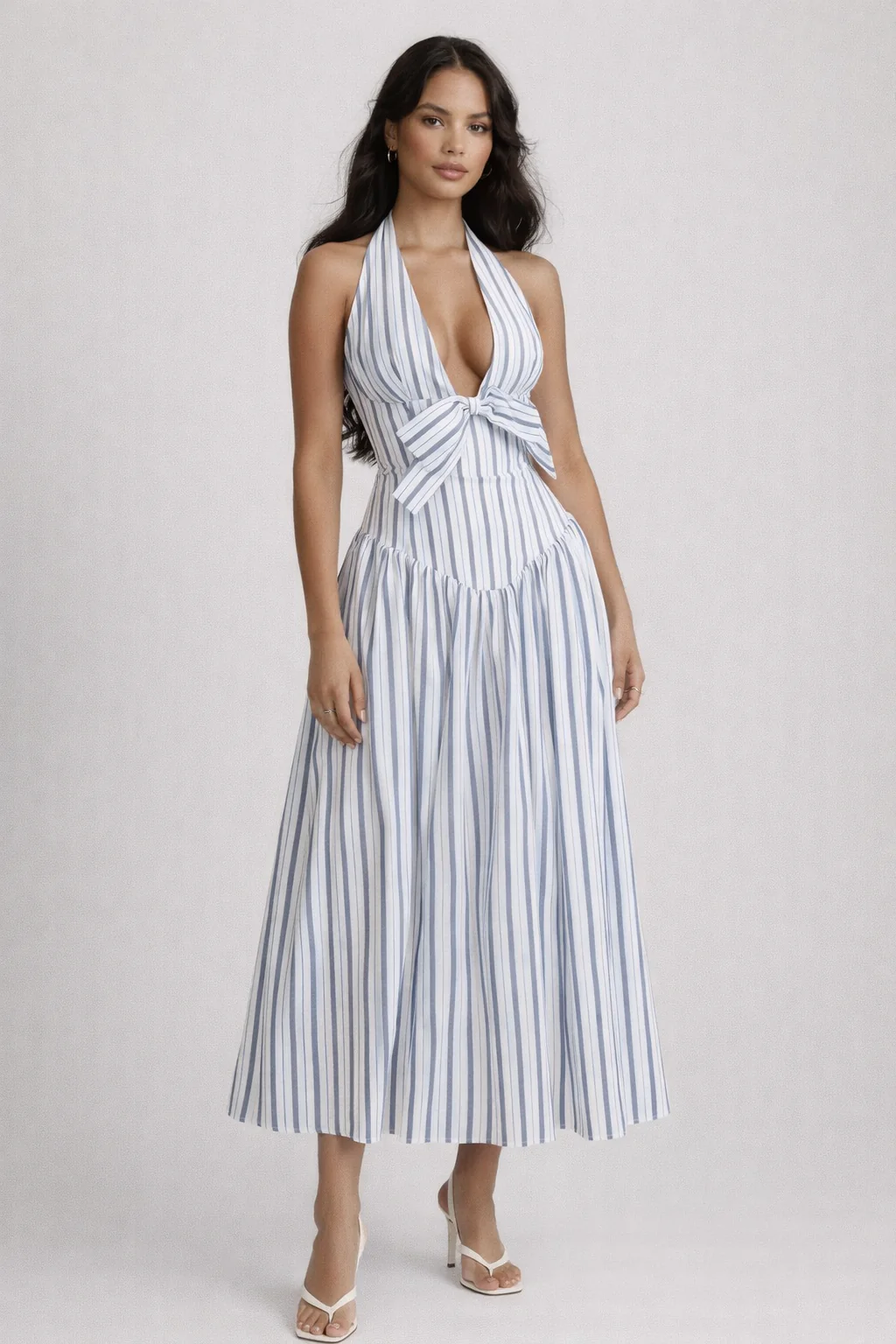 THE NEMA DRESS — Stripe Halter Midi with Bow Detail
