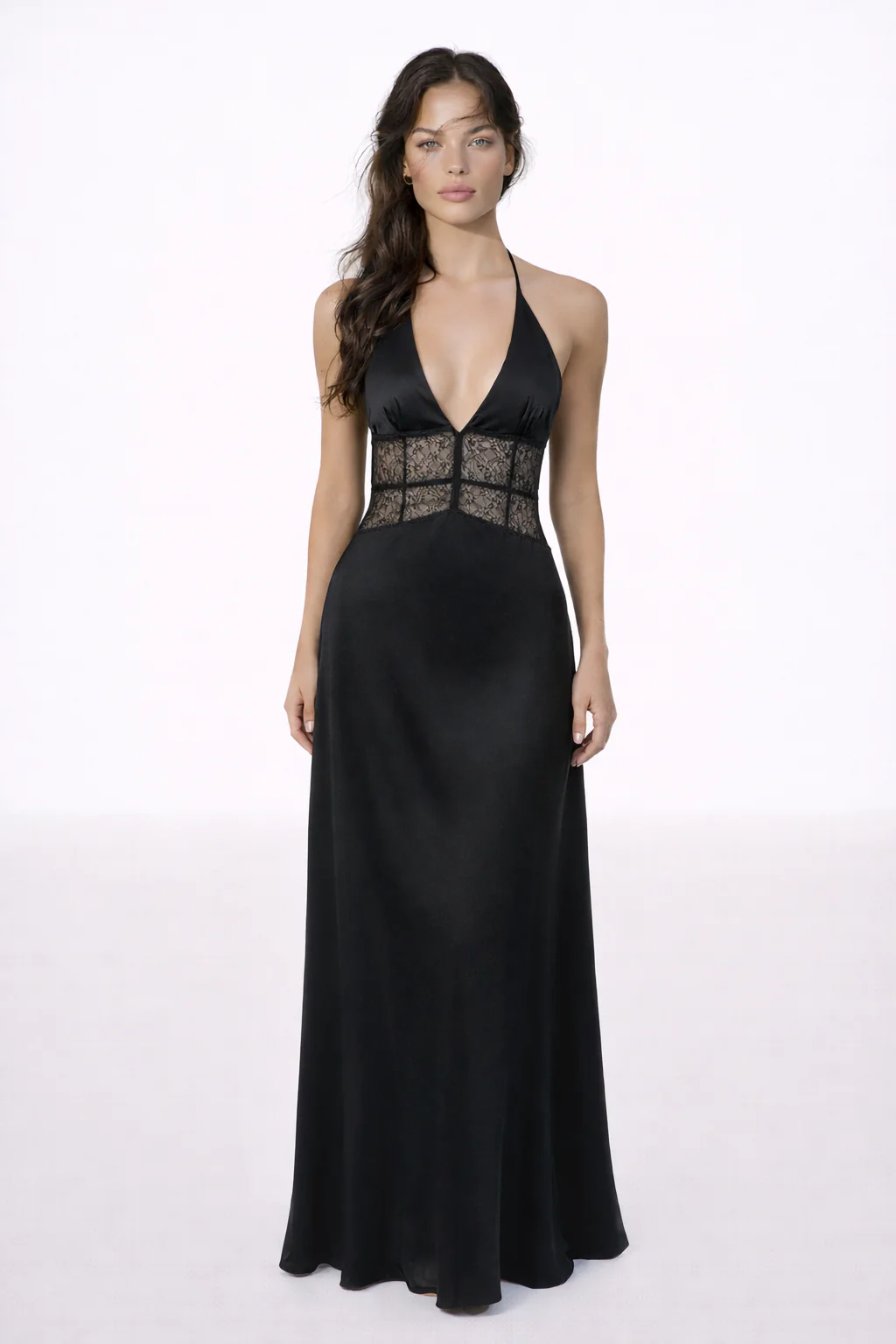 VALENCIA GOWN — Halter Deep-V Satin Maxi with Lace Waist