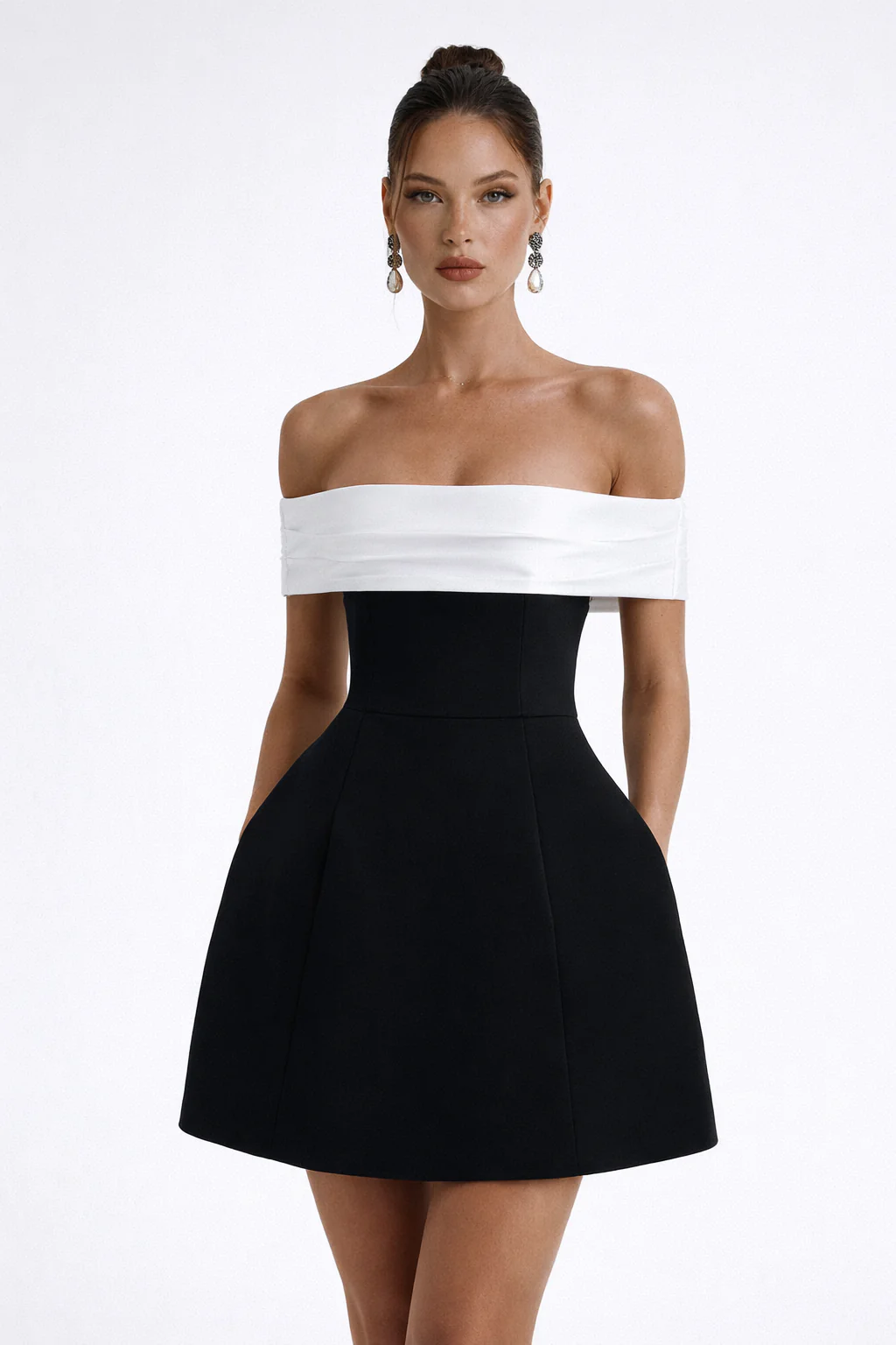 SERENA DRESS — Off-Shoulder Colorblock Mini with Structured Skirt