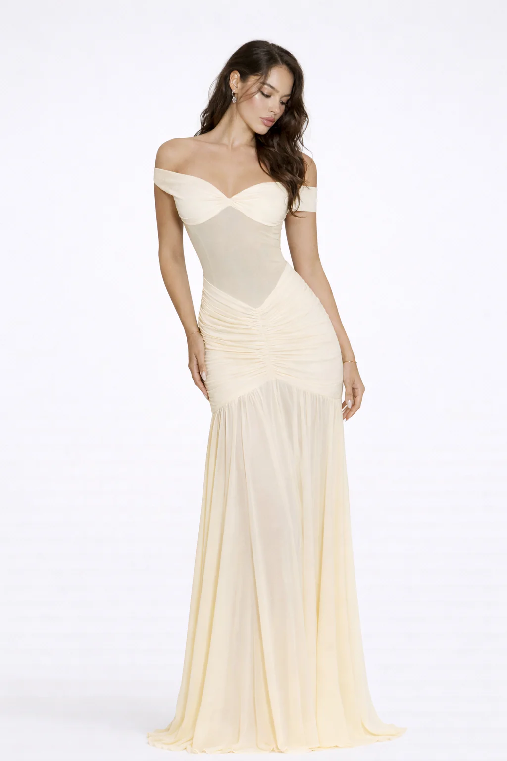 THE ELISE GOWN — Ruched Off-Shoulder Mesh Maxi with Thigh Split