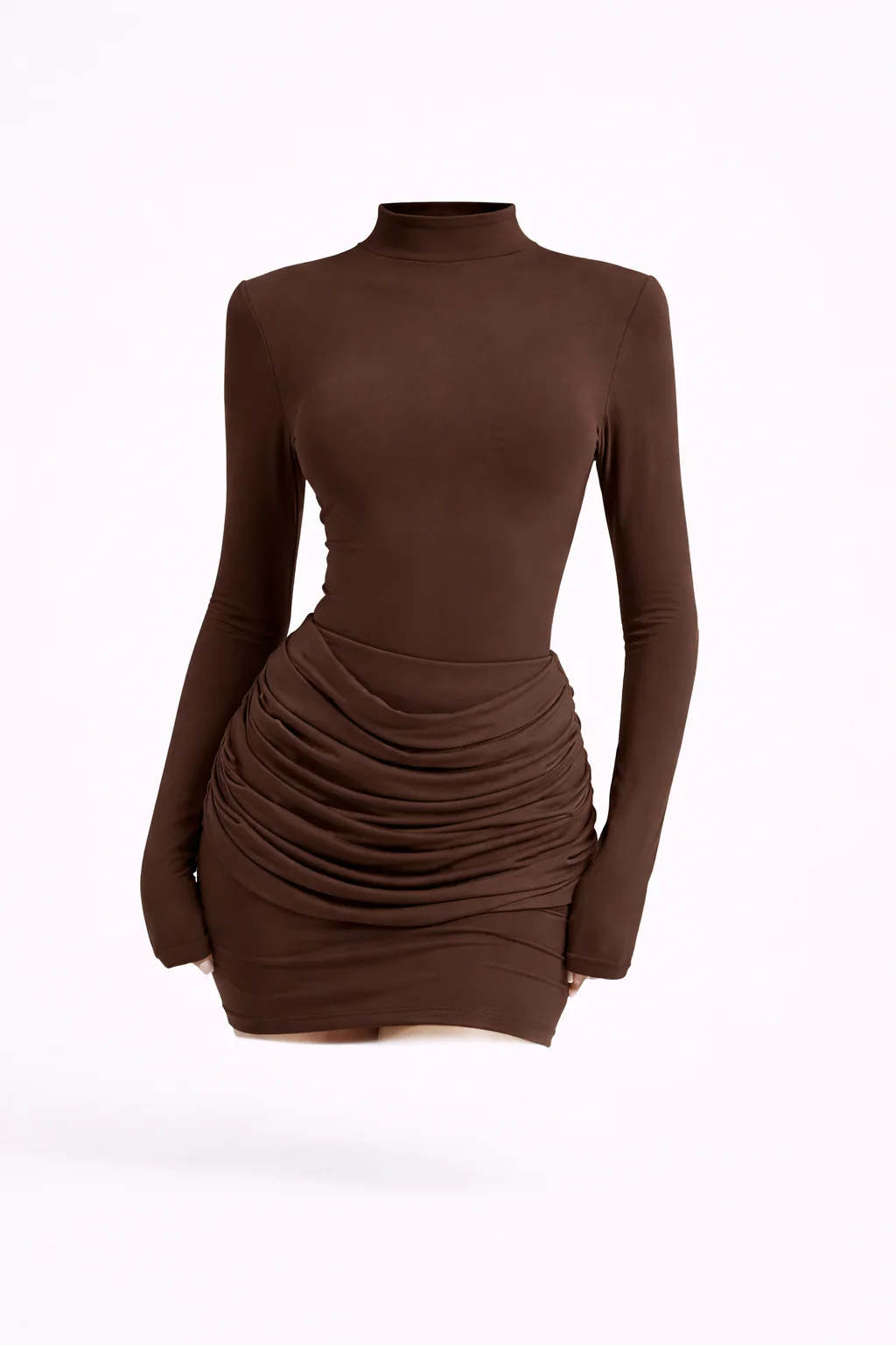THE MOCHA RUCHED MINI — Long Sleeve High-Neck Bodycon - Image 3