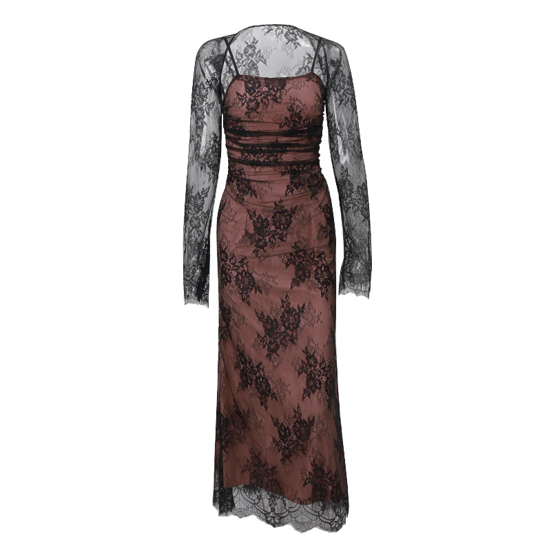 ALESSANDRA GOWN — Ruched Lace Maxi with Detachable Mesh Sleeves - Image 3